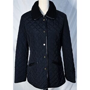 Ralph Lauren Quilted Jacket Coat Faux Shearling Collar Navy Blue Black Crest